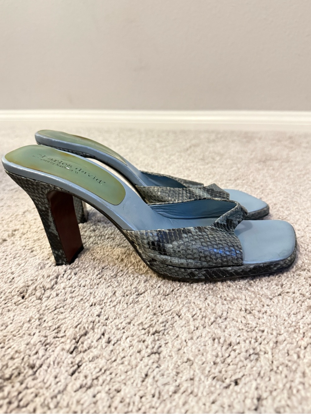 Vintage Charles David Sky-Blue Snake-Print Heels Sz 10